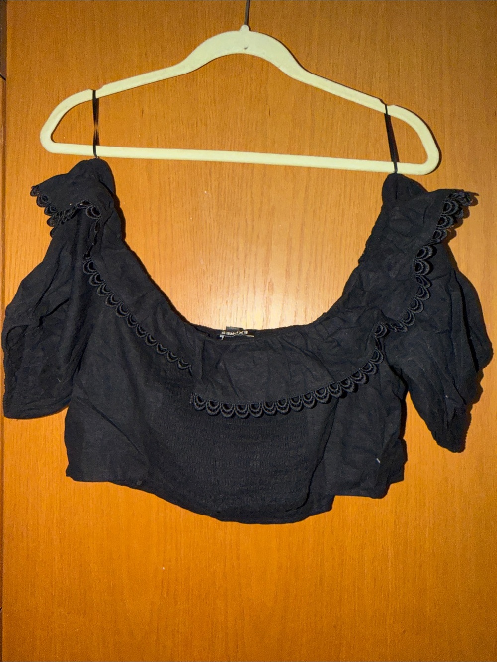 Express Black Off-Shoulder Ruffle Crop Top - Picture 3 of 3